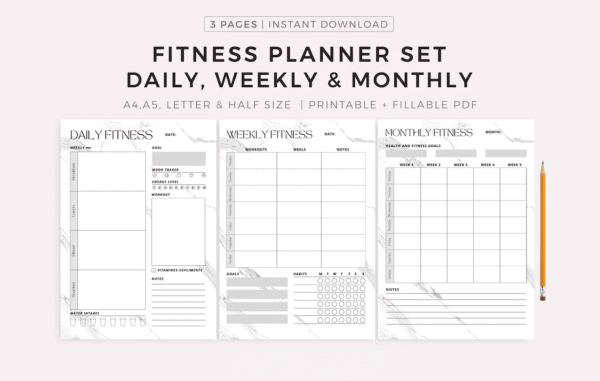 Fitness Planner Set – Plan your workouts, meals, vitamin intake, water consumption, goals, and habits. Available in A4 / A5 / Letter / Half size. Instant PDF download. - Image 2
