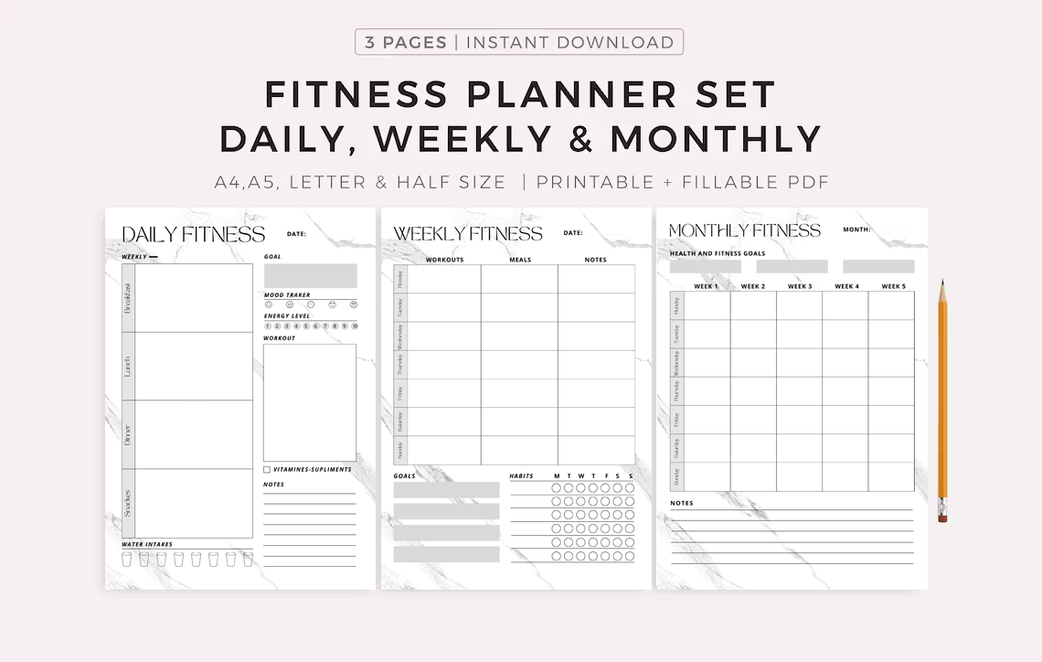 Fitness Planner Set – Plan your workouts, meals, vitamin intake, water consumption, goals, and habits. Available in A4 / A5 / Letter / Half size. Instant PDF download. - Image 2