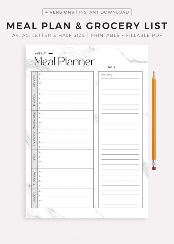 Weekly Meal Planner with Printable Shopping List Template, 7-Day Menu Plan, Food Planner, Health & Fitness, A4/A5/Letter/Half + Bonus Daily Meal Planner