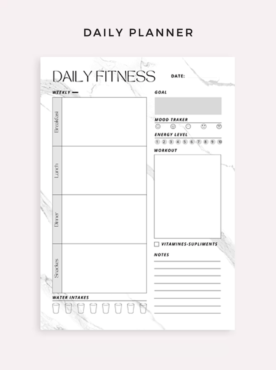 Fitness Planner Set – Plan your workouts, meals, vitamin intake, water consumption, goals, and habits. Available in A4 / A5 / Letter / Half size. Instant PDF download. - Image 3
