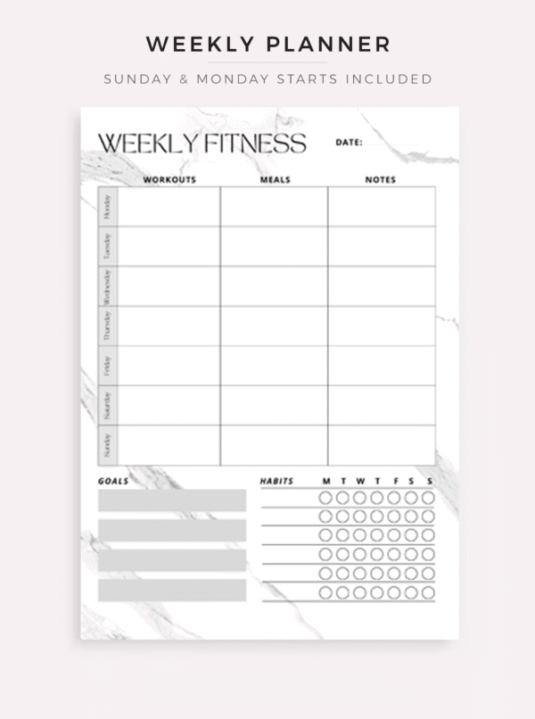 Fitness Planner Set – Plan your workouts, meals, vitamin intake, water consumption, goals, and habits. Available in A4 / A5 / Letter / Half size. Instant PDF download. - Image 4