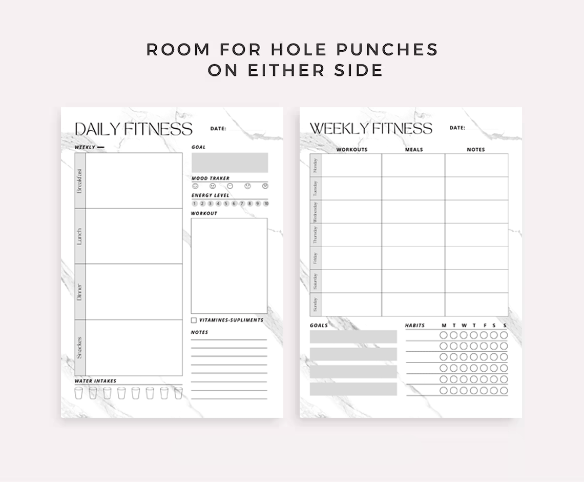 Fitness Planner Set – Plan your workouts, meals, vitamin intake, water consumption, goals, and habits. Available in A4 / A5 / Letter / Half size. Instant PDF download. - Image 6