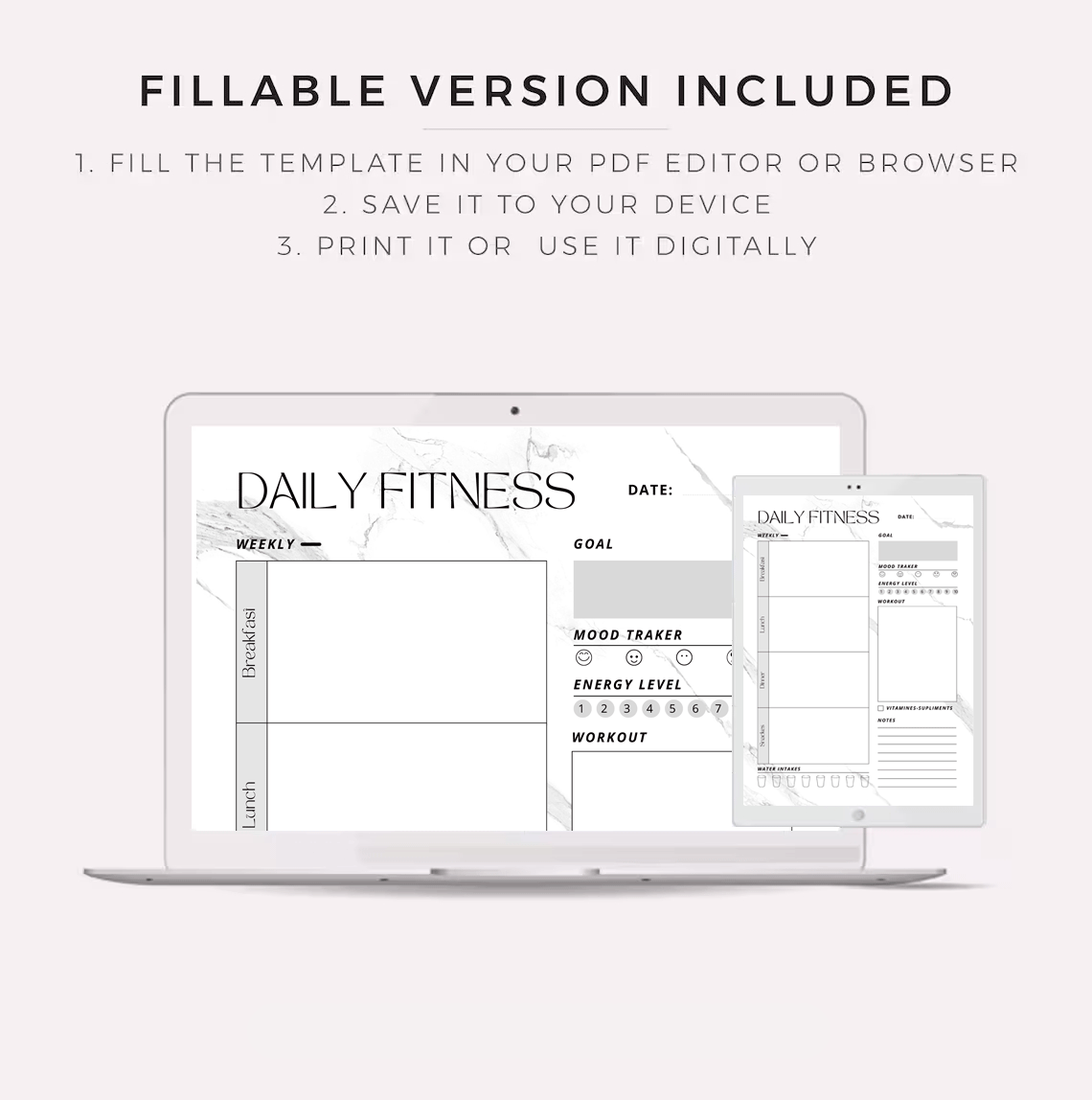 Fitness Planner Set – Plan your workouts, meals, vitamin intake, water consumption, goals, and habits. Available in A4 / A5 / Letter / Half size. Instant PDF download. - Image 7