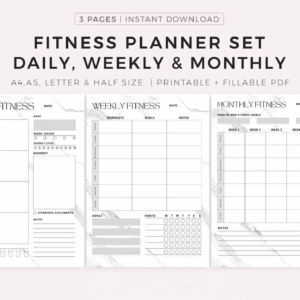 Fitness Planner Set – Plan your workouts, meals, vitamin intake, water consumption, goals, and habits. Available in A4 / A5 / Letter / Half size. Instant PDF download.